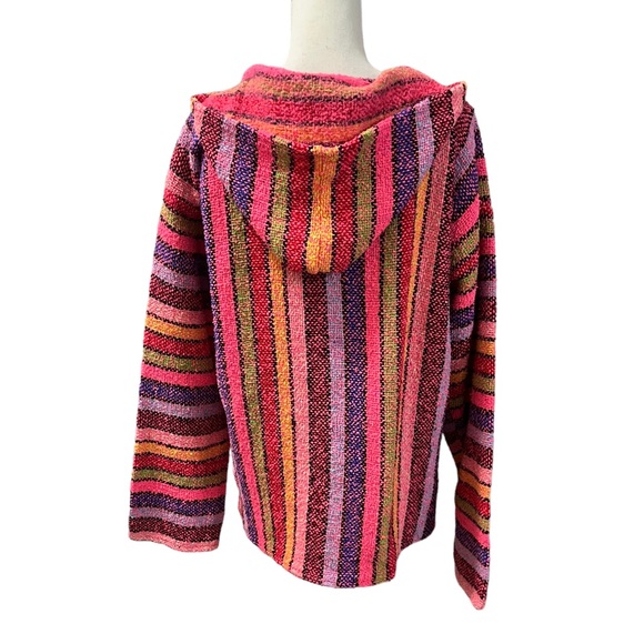 Artesanias Cuamatzi Mexican Poncho Hoodie  Multicolored Striped Kangaroo Pockets - Picture 4 of 8